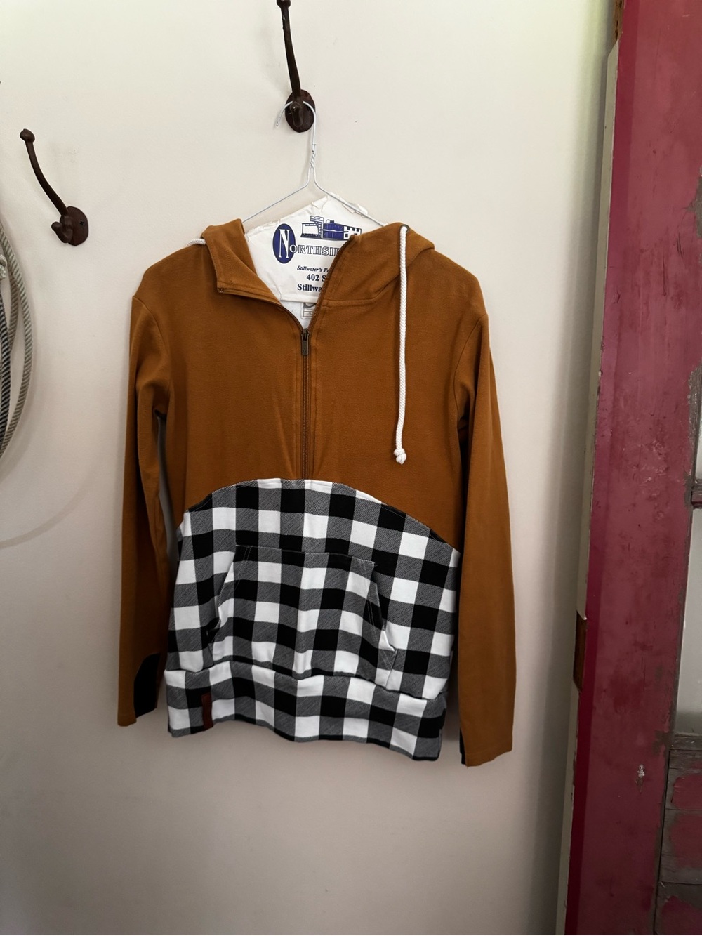 AMPERSAND AVE Mustard Zip Hoodie with Black & White Buffalo Plaid Pocket